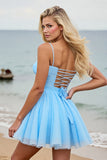 Light Blue A Line Spaghetti Straps Ruched Short Prom Dress