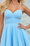 Light Blue A Line Spaghetti Straps Ruched Short Prom Dress