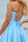 Light Blue A Line Spaghetti Straps Ruched Short Prom Dress