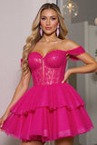 Fuchsia Off The Shoulder Corset A Line Short Prom Dress