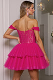 Fuchsia Off The Shoulder Corset A Line Short Prom Dress