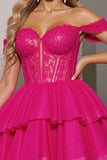 Fuchsia Off The Shoulder Corset A Line Short Prom Dress