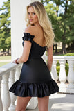 Black Cap Sleeves Ruffled Tight Cocktail Dress