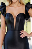 Black Cap Sleeves Ruffled Tight Cocktail Dress