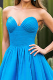 Blue Sweetheart Ruched A Line Cocktail Dress