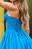 Blue Sweetheart Ruched A Line Cocktail Dress