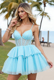 Light Blue Tiered A Line Corset Short Prom Dress