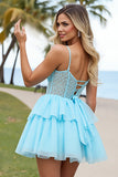 Light Blue Tiered A Line Corset Short Prom Dress