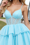 Light Blue Tiered A Line Corset Short Prom Dress