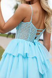 Light Blue Tiered A Line Corset Short Prom Dress