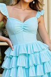 Tiered Light Blue A Line Ruffled Cocktail Dress