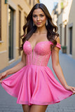Fuchsia Cold Shoulder Corset Sequin Cocktail Dress