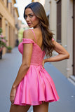 Fuchsia Cold Shoulder Corset Sequin Cocktail Dress