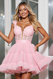 Light Pink Tulle Corset Appliqued A Line Short Prom Dress