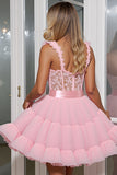 Light Pink Tulle Corset Appliqued A Line Short Prom Dress