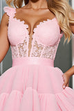 Light Pink Tulle Corset Appliqued A Line Short Prom Dress