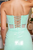 Sparkly Light Green Satin Corset Strapless Bodycon Short Prom Dress with Beading