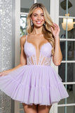 Lilac Tulle Corset A Line Short Prom Dress with Appliques