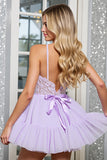 Lilac Tulle Corset A Line Short Prom Dress with Appliques