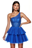 Sparkly Royal Blue Beaded A Line Corset Tulle One shoulder Short Prom Dress