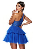 Sparkly Royal Blue Beaded A Line Corset Tulle One shoulder Short Prom Dress