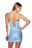 Light Blue Sequins Corset Sparkly Bodycon Strapless Short Prom Dress with Fringes