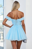 Light Blue Tulle A Line Off the Shoulder Short Prom Dress