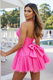 Fuchsia A Line Halter Ruched Short Prom Dress with Bow