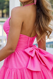 Fuchsia A Line Halter Ruched Short Prom Dress with Bow