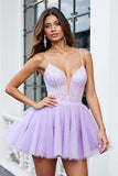 Sparkly Lilac Tulle Corset A Line Spaghetti Straps Short Prom Dress with Beading