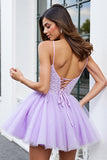 Sparkly Lilac Tulle Corset A Line Spaghetti Straps Short Prom Dress with Beading