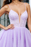 Sparkly Lilac Tulle Corset A Line Spaghetti Straps Short Prom Dress with Beading