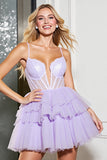 Sparkly Lilac Tulle Corset A Line Tiered Short Prom Dress with Beading