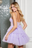 Sparkly Lilac Tulle Corset A Line Tiered Short Prom Dress with Beading
