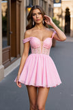 Pink Tulle A Line Corset Beaded Short Prom Dress