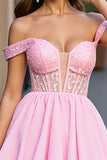 Pink Tulle A Line Corset Beaded Short Prom Dress