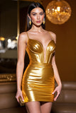 Golden Satin Corset Bodycon Spaghetti Straps Short Prom Dress