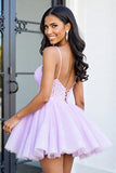 Lilac Tulle Corset A Line Spaghetti Straps Short Prom Dress with Appliques