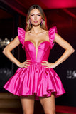 Fuchsia Satin A Line Sweetheart Short Prom Dress with Ruffles