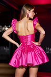 Fuchsia Satin A Line Sweetheart Short Prom Dress with Ruffles