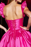 Fuchsia Satin A Line Sweetheart Short Prom Dress with Ruffles
