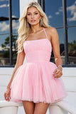 Pink Tulle A Line Ruched Spaghetti Straps Short Prom Dress