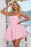 Pink Tulle A Line Ruched Spaghetti Straps Short Prom Dress