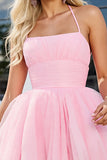 Pink Tulle A Line Ruched Spaghetti Straps Short Prom Dress
