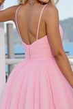 Pink Tulle A Line Ruched Spaghetti Straps Short Prom Dress