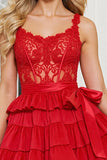 Red Satin A Line Appliqued Corset Short Prom Dress with Bow