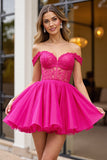 Fuchsia Corset A Line Tulle Off the Shoulder Short Prom Dress