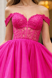 Fuchsia Corset A Line Tulle Off the Shoulder Short Prom Dress