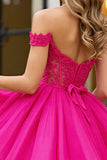 Fuchsia Corset A Line Tulle Off the Shoulder Short Prom Dress