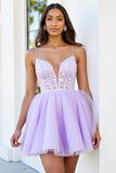 Lilac Tulle Corset Spaghetti Straps A Line Short Prom Dress with Appliques